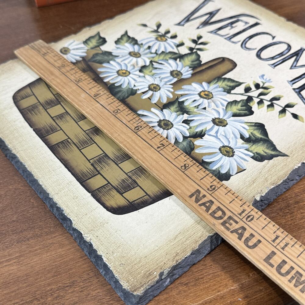 Vintage Welcome Sign Slate Plaque Hand Painted Daisy Basket Leather Hanger - Picture 4 of 5